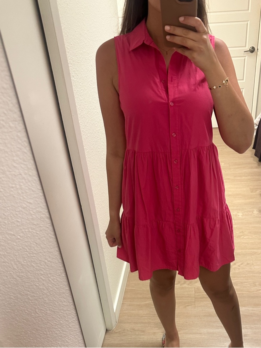 stradivarius Hot Pink Sleeveless Button-Front Tiered Mini Dress